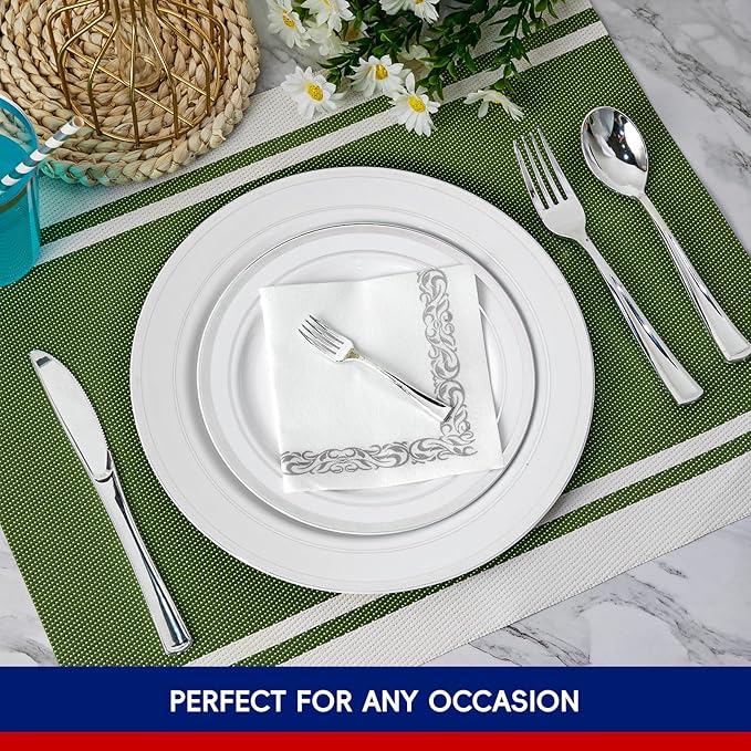 250 Count Silver Disposable Plastic Dinnerware Set, 50 Silver Plates, 25 Plastic Silverware, 25 Cups and Straws, 50 Napkins, Perfect for Wedding Party