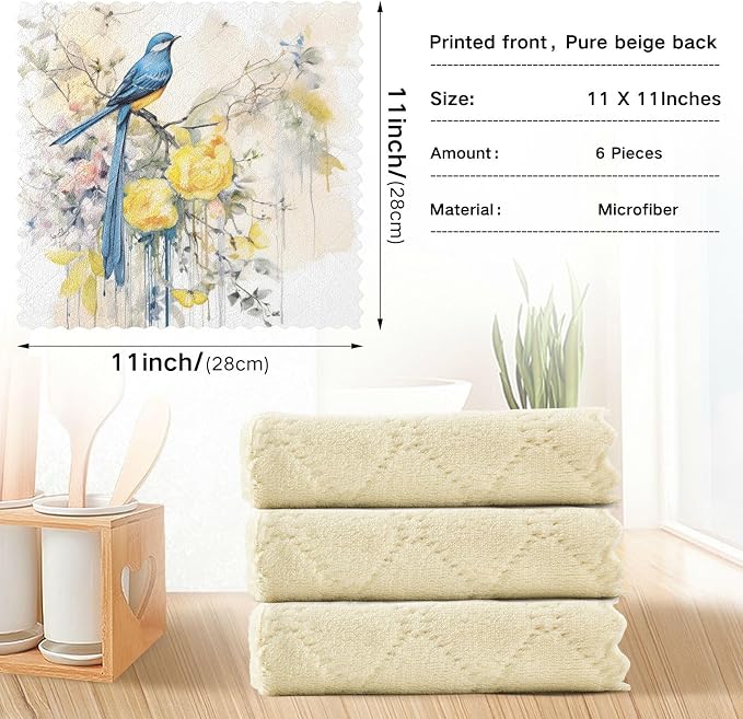 ALAZA Dish Towels - Absorbent Kitchen Cloths, Blue Bird with Yellow Flowers Butterflies Pattern, Soft Lint Free Bar Tea Towels, Set of 6, 11"x11"