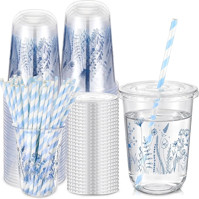 LemonRoad 50sets 16oz Blue Flower Cups Blue Birthday Party Decorations Supplies Cute Plastic Cups Disposable with Lids and Straws for Valentines Galentines Day Christmas Wedding Baby Shower