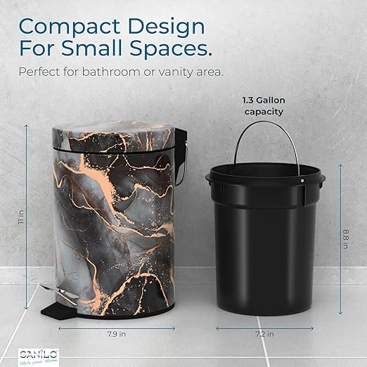 Sanilo Small Bathroom Trash Can with Lid [1.3 Gallon], Lidded Tiny Trashcan for Garbage, Mini Metal Bin with Soft Closing Mechanism, Bath Room Accessoire Wastebin with Inner Bucket (Marble Abstract)