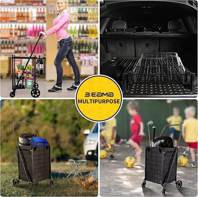 BIEAMA Folding Shopping Cart with Waterproof Liner, Grocery Cart 200 Lb | Utility Cart with Large Bag, Top Cover, 360 Rolling Swivel Wheels, Extra Basket