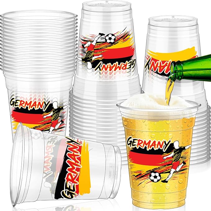 Jingmore 50 Pcs Soccer Plastic Cups 12 oz International Countries Soccer Disposable Plastic Cups Thick Clear Drinkware for Sports Games Party Supplies (Germany)