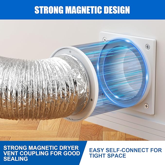 Magnetic Dryer Vent Coupling, Airtight Seal Strong Magnet Dryer Vent Connector Kit Quick Connect Disconnect Easy to Clean Flexible Hose Exhaust Duct Adapter Attachment with Clamps Screws
