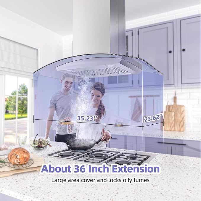 FIREGAS Island Range Hood 36 inch, 700 CFM Ceiling Mount Kitchen Vent Hood Ducted/Ductless Convertible,3 Speed Fan，4 Lights,Permanent Baffle Filters Stainless Steel Stove Hood