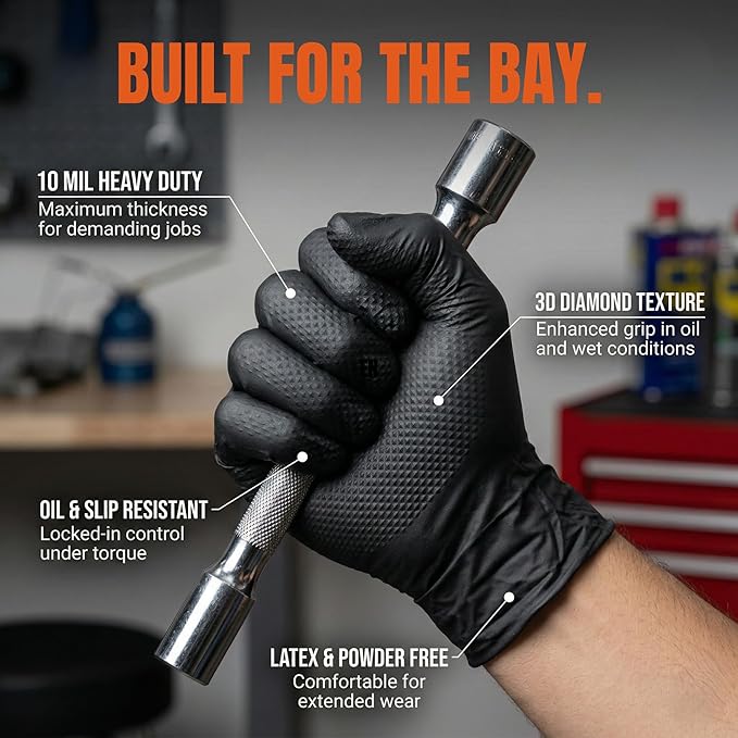 10 Mil Heavy-Duty Black Nitrile Gloves, Diamond Grip, Mechanic Grade, Latex & Powder Free, 1000 Count Bulk