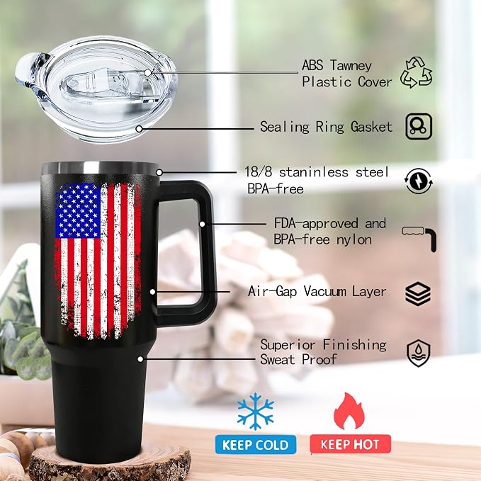 Ceovfoi American Flag Tumbler with Handle,40 oz Dad Vacuum Insulated Stainless Steel Travel Tumblers,Patriotic Military Gifts For Veterans, Police, Fathers Day, 4th of July