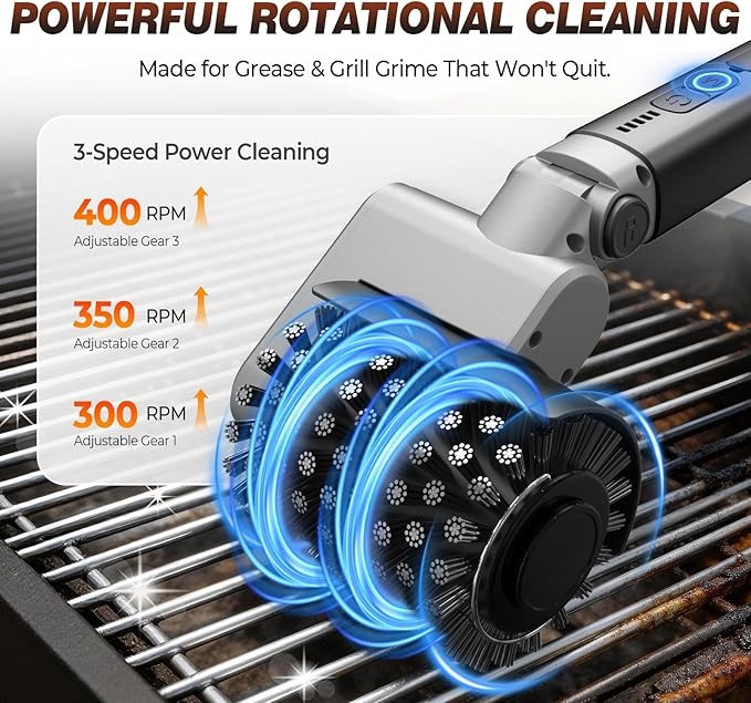 Electric Grill Brush for Outdoor Grill, 3-Speed Rotating Electric BBQ Grill Brush, 5000mAh Rechargeable Battery, 304 Stainless Steel Grill Cleaning Brush with Powerful Burnt Food Removal