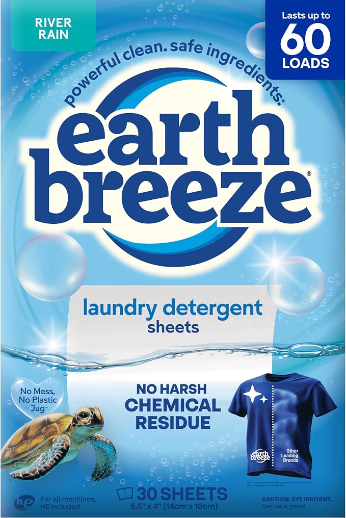 Earth Breeze Laundry Detergent Sheets River Rain - 60 Loads - Eco Laundry Sheets - Travel Laundry Detergent Soap Sheets for Hot & Cold Cycles - Tackles Tough Stains & Odors - Gentle on Skin, 30 Ct