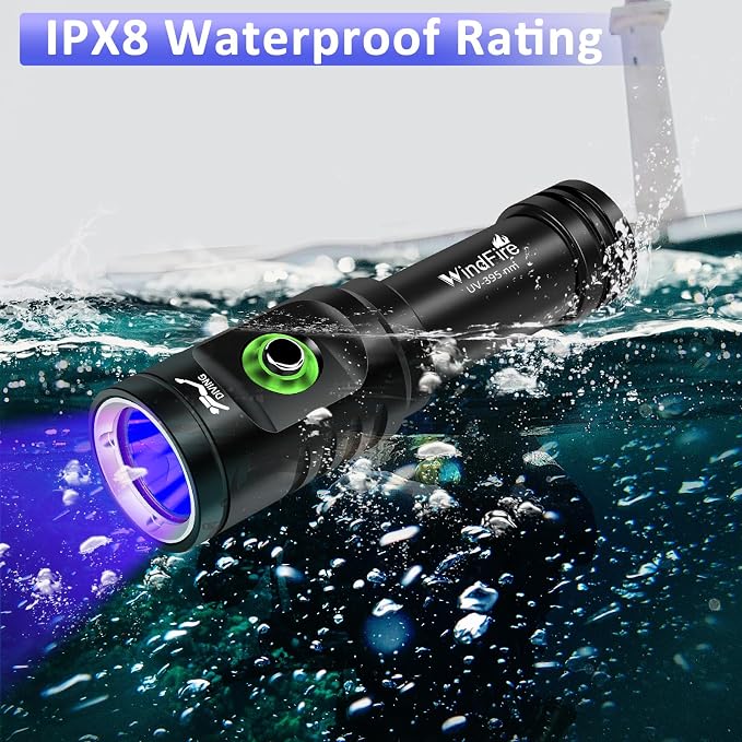 WINDFIRE Dive Light, 395 nm UV Scuba Flashlight, Waterproof Black Light Flashlight with Power Indicator for Scuba Diving, Underwater Fluorescence & Pet Urine Detection