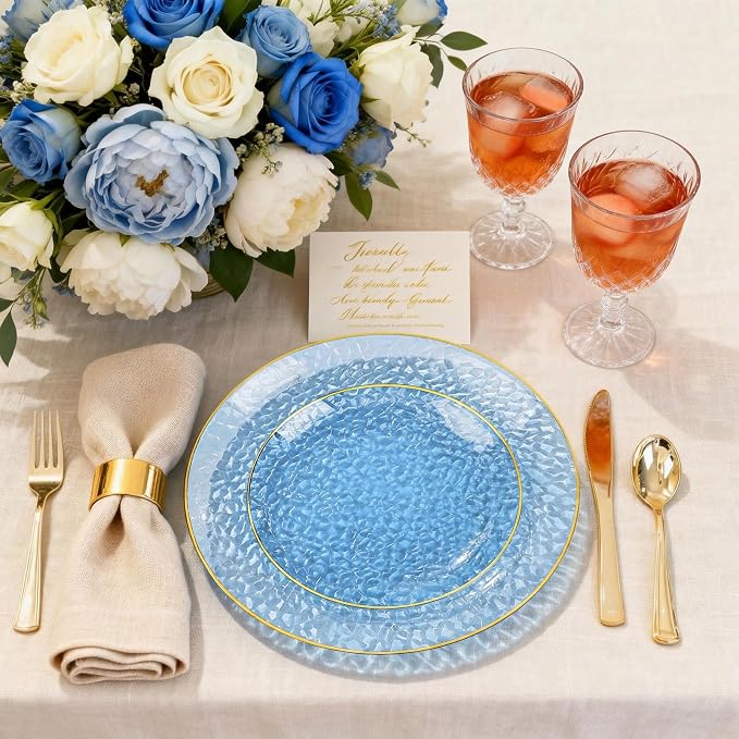 DaYammi 240Pcs Blue Dessert Plates Set Including 120Pcs Blue Cake Plates and 120Pcs Gold Forks,Hammered Party Plate,Gold Rim Appetizer plates Heavy duty Disposable Plastic Plate for Wedding Birthday