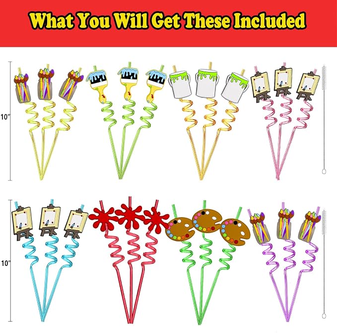 24pcs Art Painting Curly Straws for Cocktail Drink and Brushes Pad Paint Birthday Party Supplies Decorations Welcome Back to School Art Painting Party Favors with 2 Cleaning Brushes 8 Colors Straws