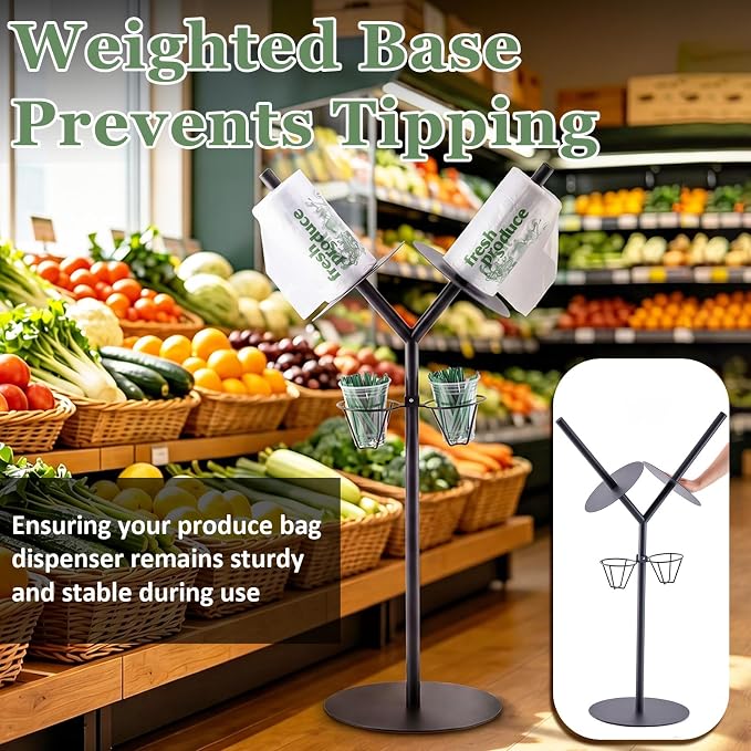 Zonon Dual Roll Grocery Roll Bag Holder Floor Standing 41 Inch Produce Bag Dispenser with Twist Tie Cup Organizer Black Straight for Supermarket Grocery Kitchen Storage