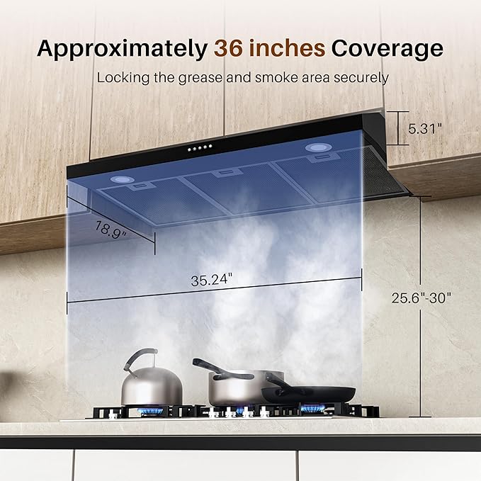 FIREGAS Black Under Cabinet Range Hood 36 Inch, Ducted/Ductless Convertible Kitchen Hood with 3 Speed Exhaust Fan, 300 CFM, LED Lights, Brushlesss DC Motor Vent Hood for Kitchen