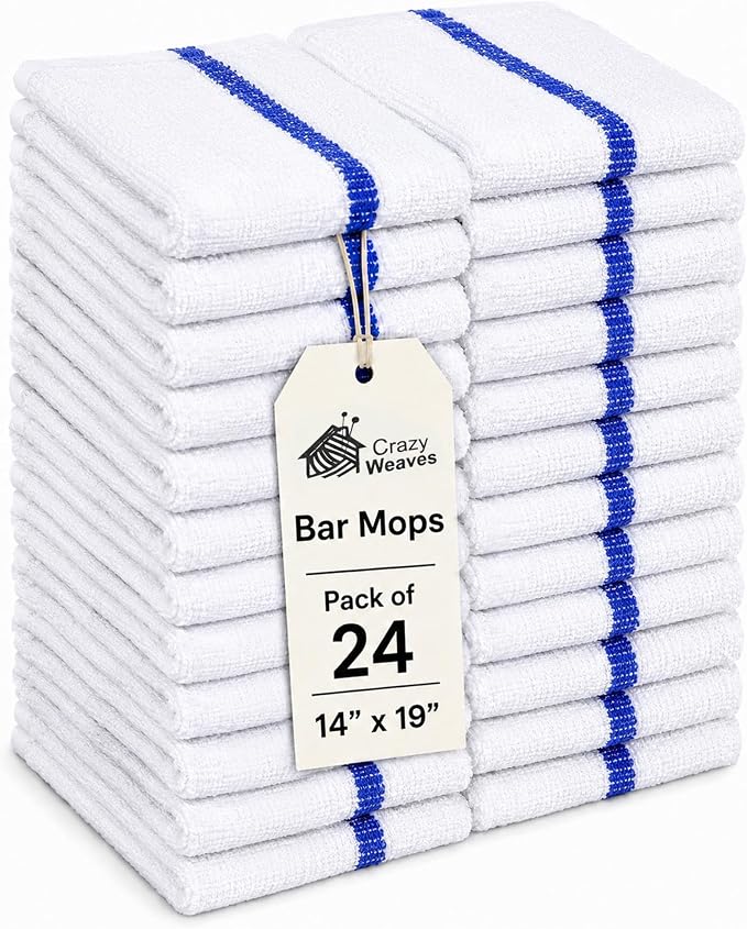 Bar Mops Pack of 24 (14" x 19") - 100% Cotton Cleaning Rags for Housekeeping - Thick, Absorbent & Reusable Bar Towels for Cleaning House & Restaurant - Kitchen Towels Bulk (Blue Stripe)
