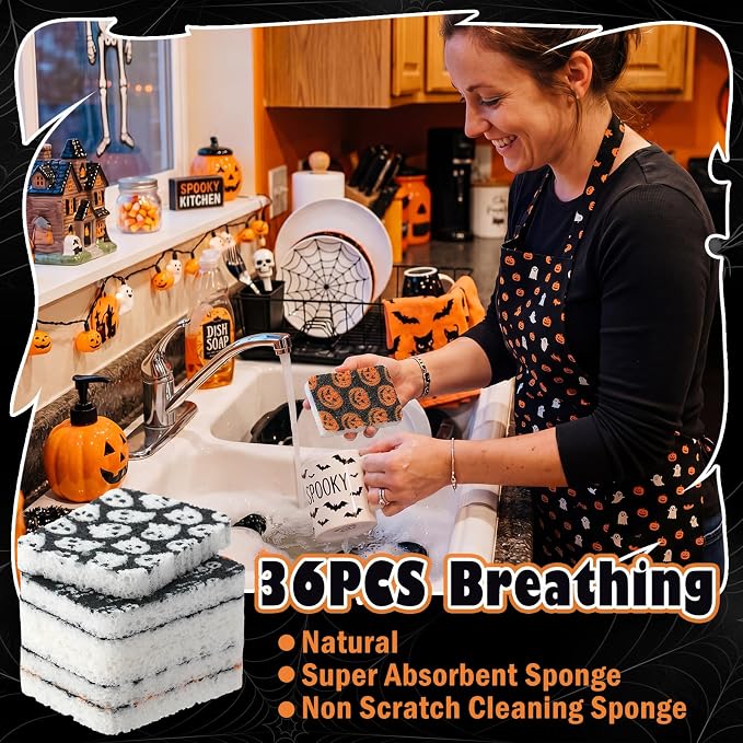 Hahafelt 36 Pack Halloween Compressed Cellulose Sponges Bulk Pop up Ghost Pumpkin Skull Kitchen Sponges Natural Kitchen Compostable Non Scratch Dish Tools for Washing Dishes Cleaning Countertop Sink