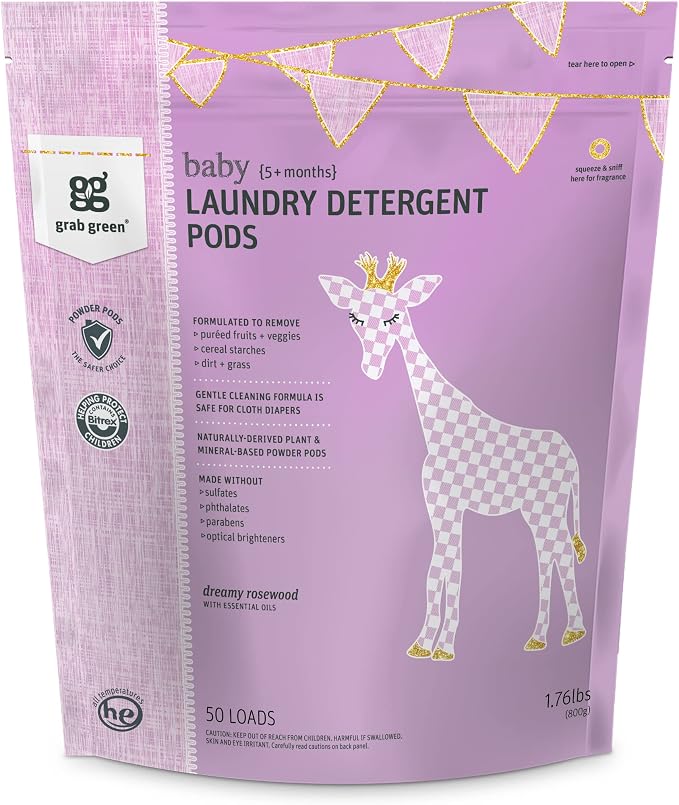 Grab Green Baby Laundry Detergent Pods, 50 Count, Dreamy Rosewood | Plant & Mineral-Based; No Harsh Chemicals; Velcro Closure; Stain Remover; Baby Laundry (5+ months)