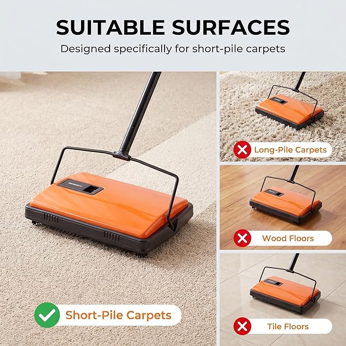 CLEANHOME Manual Carpet Sweeper for Pet Hair - Rotating Brush Floor Sweeper, Lightweight Push Broom for Classroom Rugs, Non-Electric Lint & Crumb Cleaner, Easy-Dump Dustbin, No Batteries Needed