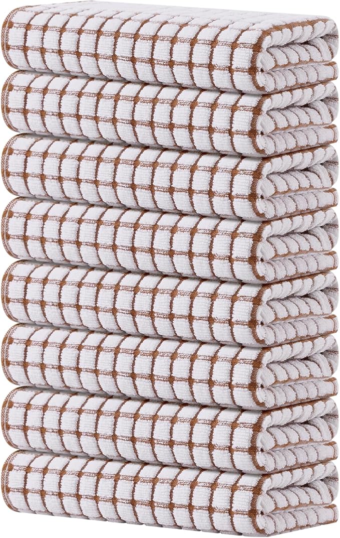 Kitinjoy Cotton 8 Pack Terry Kitchen Towels, 16 x 25 Inches Super Soft and Absorbent Dish Towels, Quick Drying Hand Towels for Kitchen Drying, Brown