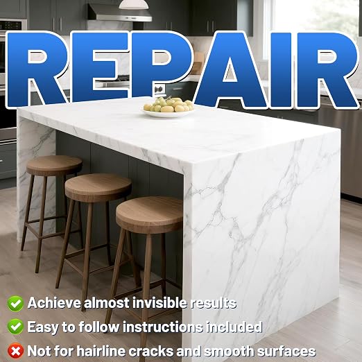 Quartz Countertop Repair Kit 1.7fl.oz / 50ml - 30s Fast Curing DIY Fix Quartz Chip Repair Kit for Cracks Holes & Scratches on Granite Marble Acrylic Fiberglass Porcelain & Corian Surfaces (White)