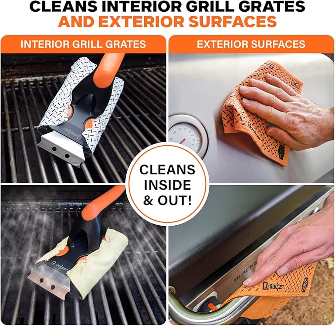 Proud Grill Q-Swiper XL Complete Grill Cleaning Kit - Long Bristle & Wire-Free Brush, Steam-Clean Cloths, Moist Wipes, Exterior Reusable Cloth & Plastic Tray, Grease & Grime Remover, BBQ Accessories
