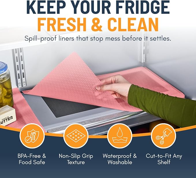 Refrigerator Liners for Shelves (16 Pack) by Linda’s Essentials - Non-Adhesive Shelf or Drawer Liner, BPA-Free Fridge Mats for Kitchen & Cabinets, Easy to Clean, Ideal Household Essentials (Pink)