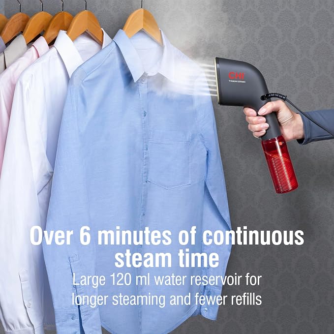 CHI Collapsible Travel 2-in-1 Handheld Garment Steamer & Steam Iron for Clothes, 1200 Watts, 120 ml Water Tank, 6 Minutes of Steam, Fast Heatup, 10' Cord, Black
