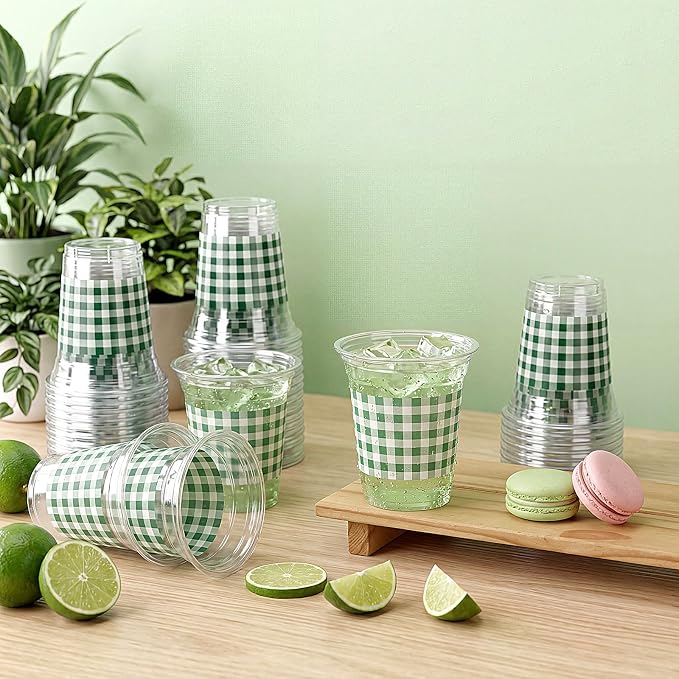 Qinyoung Checkered Plastic Cups 12oz Gingham Party Disposable Cups Bulk Drinking Cup for Cold Drinks Baby Shower Wedding Summer Birthday Party Supplies(Dark Green and White,50 Pcs)