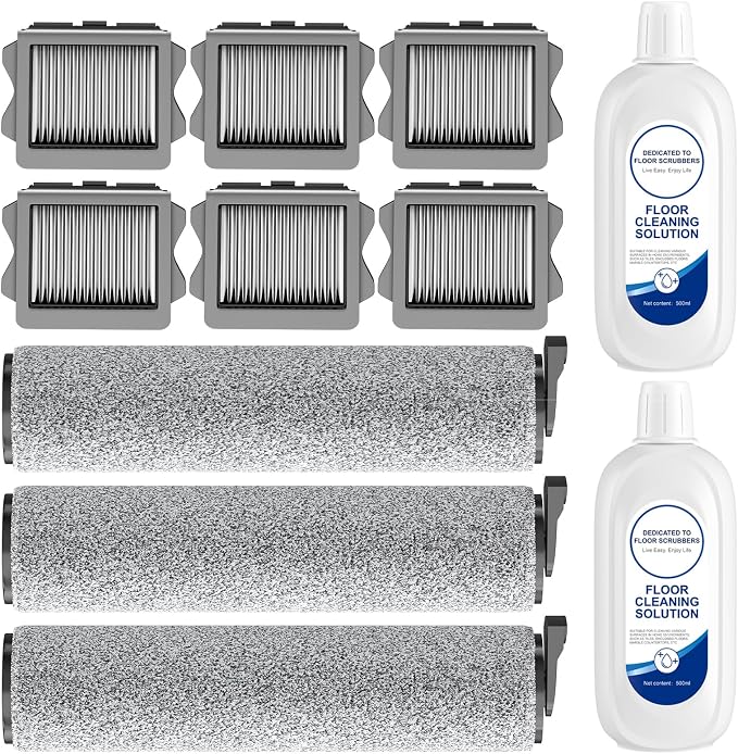 Vacuum Mop Roller Brushes and Filter Replacement Parts Compatible with Tineco Ifloor 3 Series, Floor One S3 Series, Ifloor 5 Breeze，The Set Includes 3 Roller Brushes 6 Filters and 2bottle solution