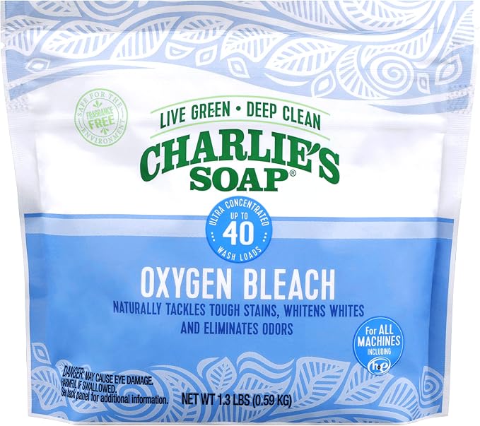 Charlie's Soap Oxygen Powered Bleach Powder, Color Safe For Clothes, Safe Bleach for White Clothes, An Unscented Fragrance Free Non Chlorine 1.3 lbs (2 Pack)