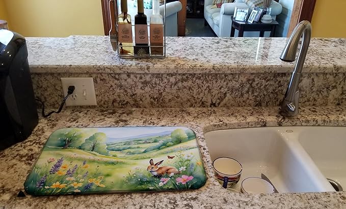 Caroline's Treasures Rabbit Springtime Meadow Dish Drying Mat Absorbent Dish Drying Mat Pad for Kitchen Counter Dish Drainer Mat for Countertop, 14 x 21", Multicolor