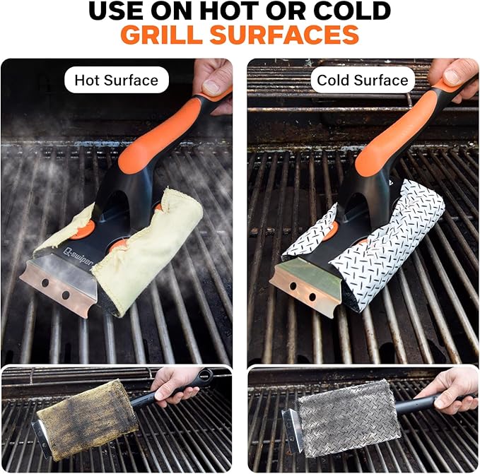 Proud Grill Q-Swiper XL Complete Grill Cleaning Kit - Long Bristle & Wire-Free Brush, Steam-Clean Cloths, Moist Wipes, Exterior Reusable Cloth & Plastic Tray, Grease & Grime Remover, BBQ Accessories