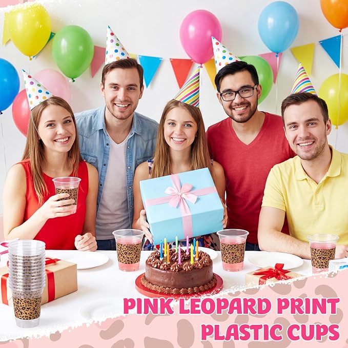 Qinyoung 50 Pcs Hot Pink Leopard Print Plastic Cups Cheetah Animal 12oz Disposable Cups Bulk Drinking Cup for Cold Drinks Baby Shower Wedding Birthday Animal Cheetah Print Party Supplies