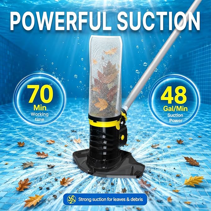 Cordless Pool Spa Vacuum Cleaner Rechargeable Handheld Pool Vacuum with 60-Min Runtime Dual Filtration 3 Cleaning Heads Telescopic Pole for Sand Leaves Hot Tubs Above Ground & Small Pools (Yellow)
