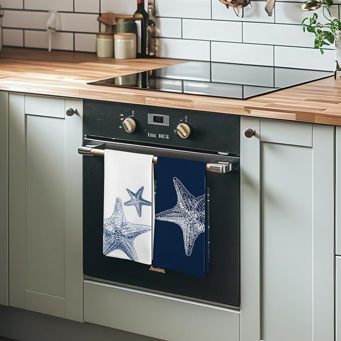 Coastal Starfish Beach Decor Dish Hand Tea Towels for Bathroom Kitchen, Blue Starfish Ocean Nautical Beachy Bathroom Decor, Coastal Nautical Kitchen Towels and Dishcloths Sets of 2, 16x24Inch