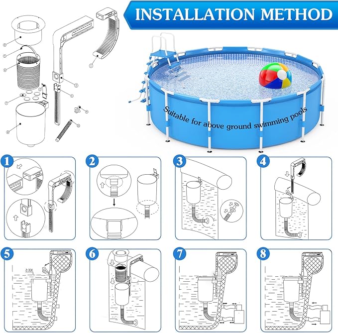 Enhon Above Ground Pool Skimmer with 20 Pcs Wall Mount Surface Skimmer Socks, Automatically Cleans Pool Skimmer Accessories with Hose Basket Net, Adjustable Floating Pool Filter for Removes Debris