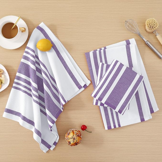 Homaxy Premium Kitchen Towels 18”x 28”, Large Cotton 380 GSM Kitchen Hand Towels, Stripe and Terry Dish Towel, Highly Absorbent Tea Towel Set with Hanging Loop, 8 Pack, Purple