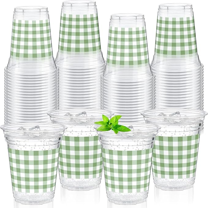 Qinyoung Checkered Plastic Cups 12oz Gingham Party Disposable Cups Bulk Drinking Cup for Cold Drinks Baby Shower Wedding Summer Birthday Party Supplies(Sage Green and White,50 Pcs)