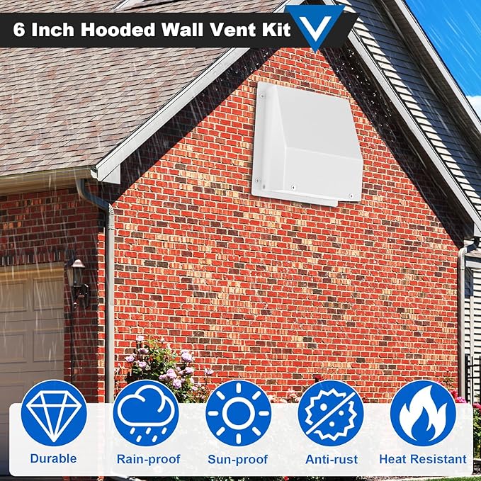 6 Inch Hooded Wall Vent with Screen and Damper, Galvanized Steel Wall Vent Cover White Metal Hood Cap Exhaust Duct Pipe Kit with Hose Clamp Aluminum Foil Tape Screw for Laundry Room Bathroom Basement