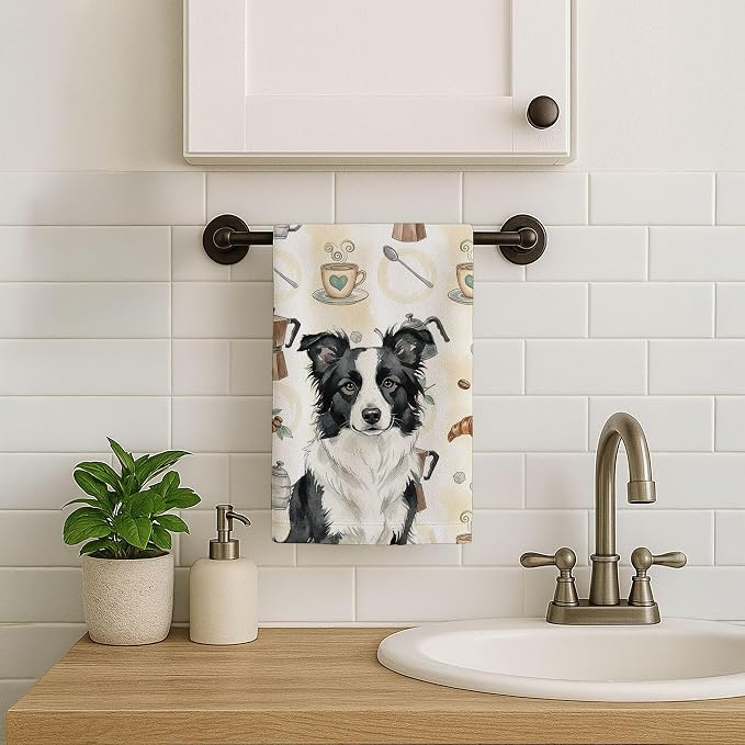 Caroline's Treasures Border Collie Coffee Bar Kitchen Towel Velour Plush Front and Cotton Loop Back Machine Washable