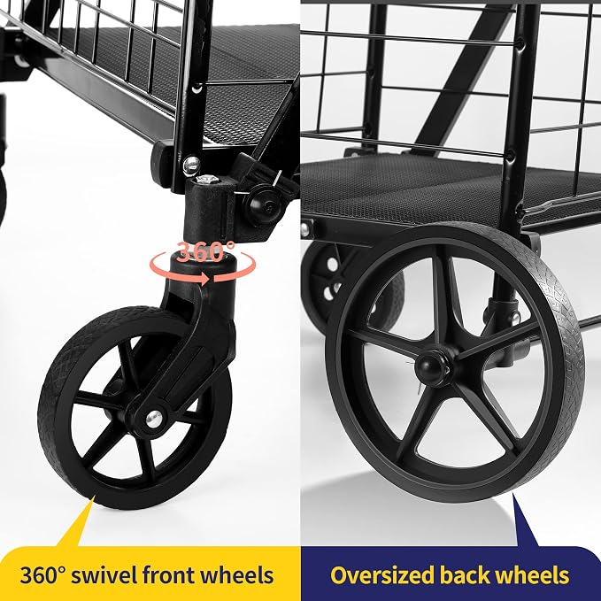 BIEAMA Folding Shopping Cart, 450 Lb Capacity Grocery Cart, Extra Large | Heavy Duty Utility Cart with 360 Rolling Swivel Wheels, Extra Basket