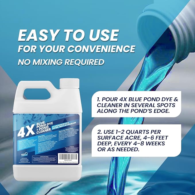 32oz 4X Blue Pond Dye + Pond Cleaner, Blue Dye for Ponds and Lakes, 2-in-1 Lake Colorant + Enzymes, Makes Murky Water Clean & Beautiful, Keeps the Water Cool, Clear, and Ideal for Fish & Wildlife