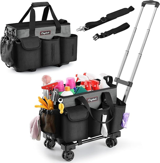 Chyaidach Rolling Cleaning Caddy, Cleaning Supplies Organizer with Trolley, Wearable Cleaning Tote Bag on Wheels with Hard Bottom, Cleaning Carts for Housekeepers/Home/Car/Office/Picnic (Grey)