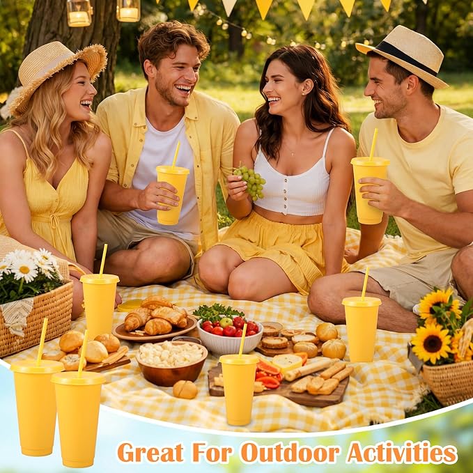 Honeydak 30 Pack Tumbler with Straw and Lid Bulk Cups for Gifts Water Bottle Iced Coffee Travel Mug Cup Reusable Plastic Tumblers for Party Birthdays 24-27 oz (Yellow Color)