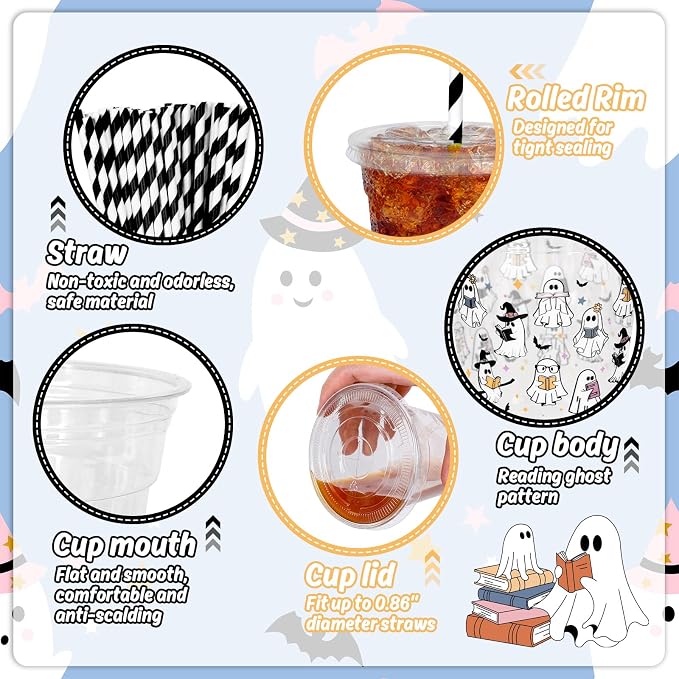 Whaline 50 Pcs Halloween Disposable Plastic Cups with Lids and Straws Spooky Reading Book Ghost Theme Cold Beverage Drinking Cups for Trick or Treat Birthday Party Supplies