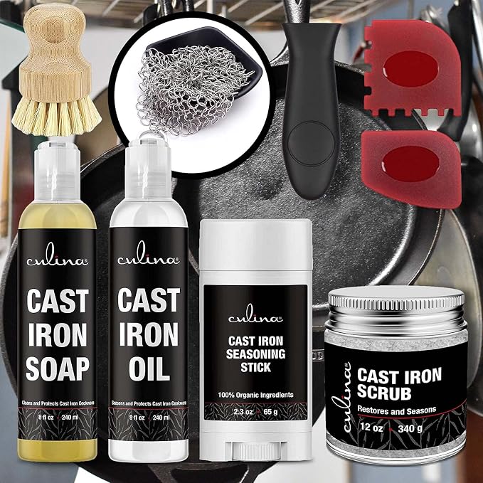 Culina Cast Iron Soap stick Conditioning Oil Stainless Scrubber Restoring Scrub brush handle and scrapers |All Natural Ingredients |for Cast Iron Cookware with handle and scrappers colors may vary