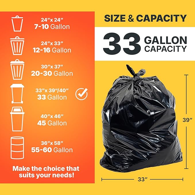 Bagtron 33 Gallon Trash Bags, 30 Micron Heavy Duty Pure LDPE Garbage Can Liners, 33" x 39" Large, Black, 100 Count