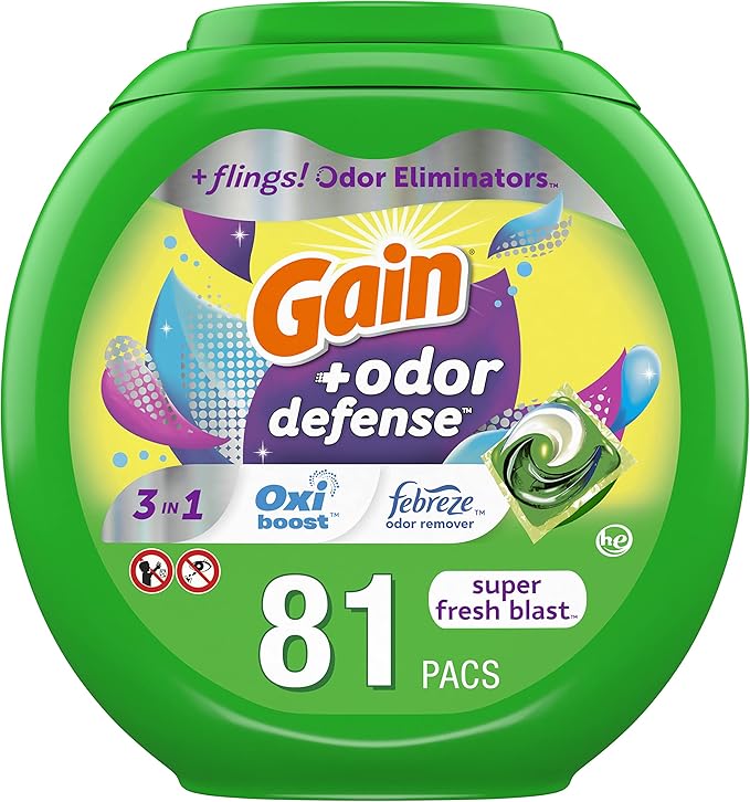 Gain Flings Laundry Detergent Pacs with Odor Defense, HE Compatible, 3in1 with Febreze and Oxi, Super Fresh Blast Scent, 81 Count