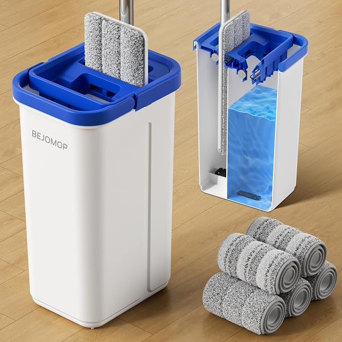 Mop and Bucket Set, Mops for Floor Cleaning with 60" Long Handle, Squeeze Flat Mop and Bucket System, Dry & Wet Dust Mop for Household Floor Cleaning with 5 Microfiber Mops, Slate Blue