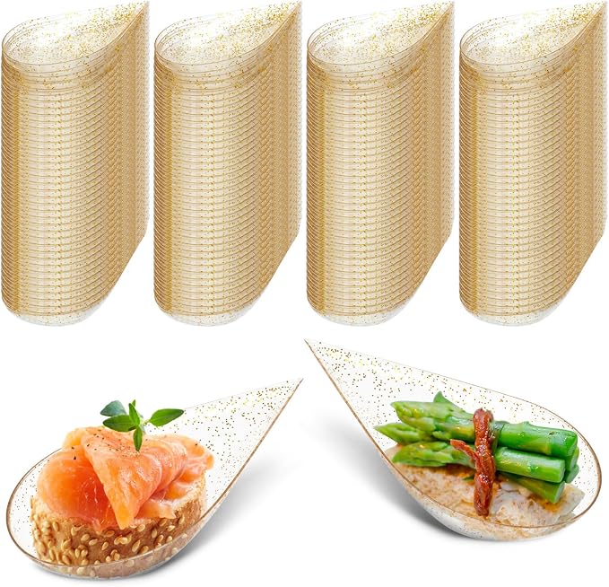 Tessco for you 200 Pcs 4" Tear Drop Appetizer Spoons Mini Appetizer Plates Reusable Tasting Spoons Plates Catering Supplies Disposable for Serving Small Desserts Cakes Bowls (Clear with Gold Glitter)
