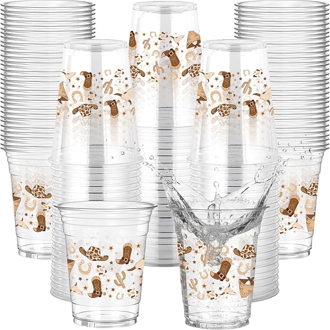 Rngmsi Brown Cowboy Plastic Cups - 50 Pcs Western Party Decorations, 12 OZ Rodeo Disposable Cups for Birthday, Cowboy Party Decorations for Baby Shower